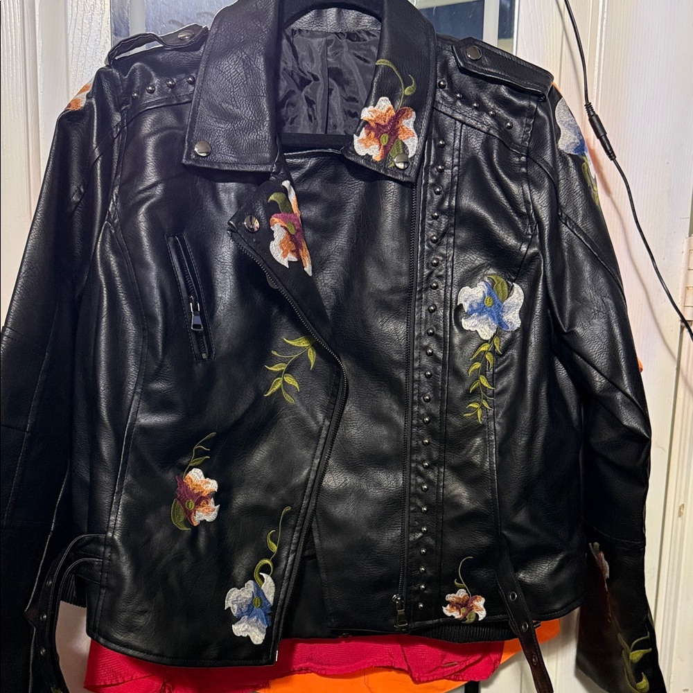 Embroidered Black Leather Jacket